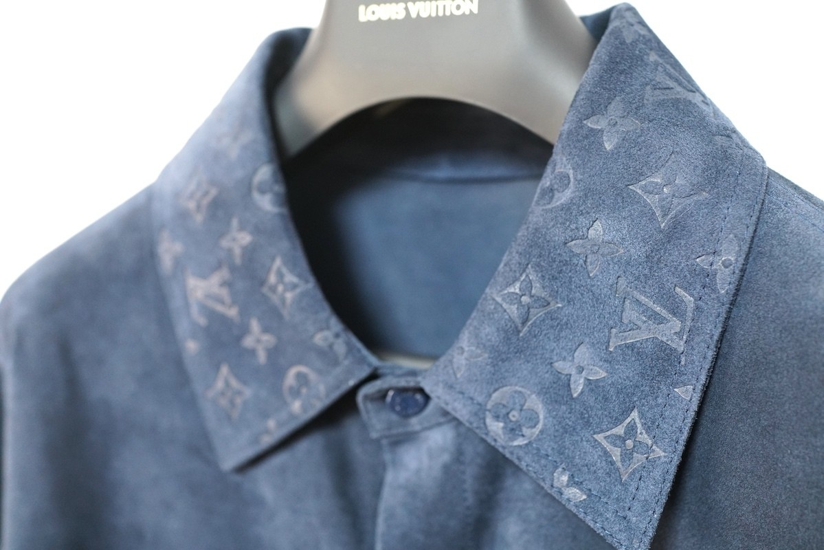 LOUIS VUITTON Suede Leather Shirt Jacket Partial Embroidery Monogram Navy 52 image 4