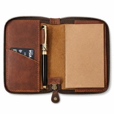Leather Zippered Journal Cover, Pocket Notebook Full Grain Leather, Fits Tan