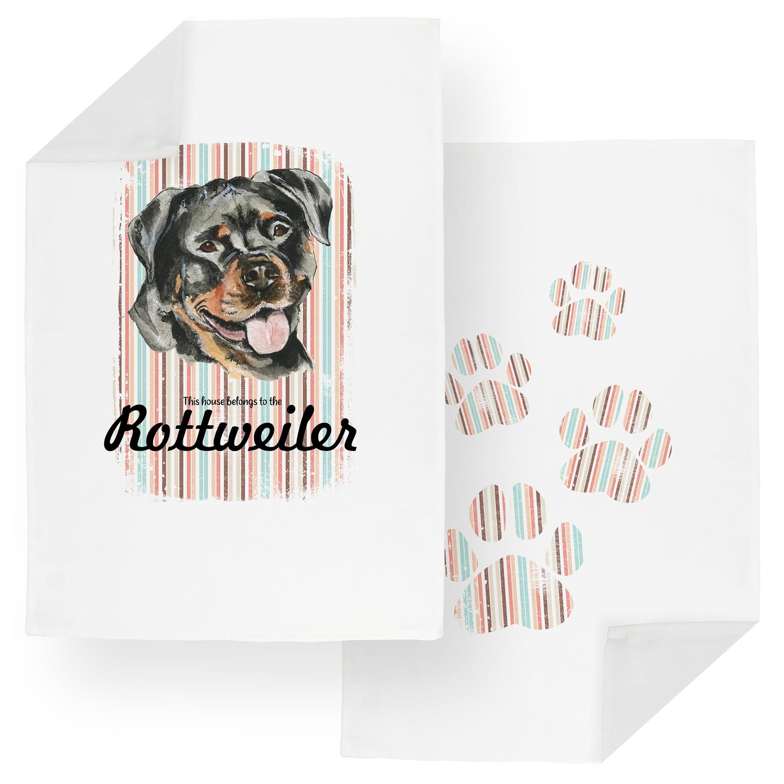 Rottweiler Tea Towel Set - Novelty Dogs & Paw Prints Kitchen Linens Gifts