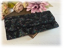 Vintage Black Evening Bag Clutch Purse Rainbow Sequins Beaded Satin Hong Kong
