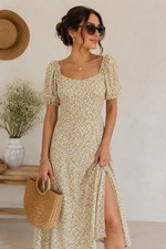Reformation Floral Midi Dress Puff Sleeve Cottagecore Yellow Size 2