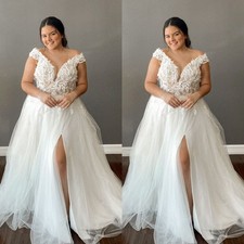 Beach Wedding Dresses With Side Slit Lace Appliques Boho Train Bridal Gown