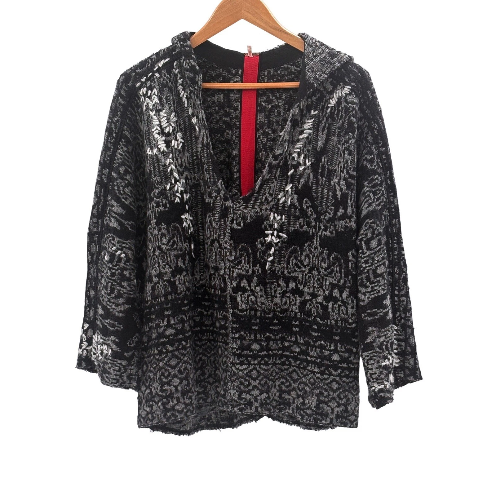 Free People Sweater Boho Women Small Oversized Hood Black Southwestern Poncho