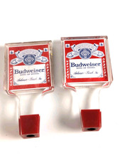 Vintage Budweiser Beer Tap Handles Clear Acrylic Red Label Set of 2 Anheuser...