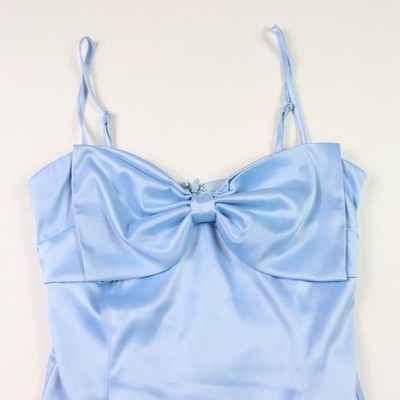 light blue dresses Elegant Light Blue Straight Neck A-line Satin Applique Long Prom Dress   RomanBridal
