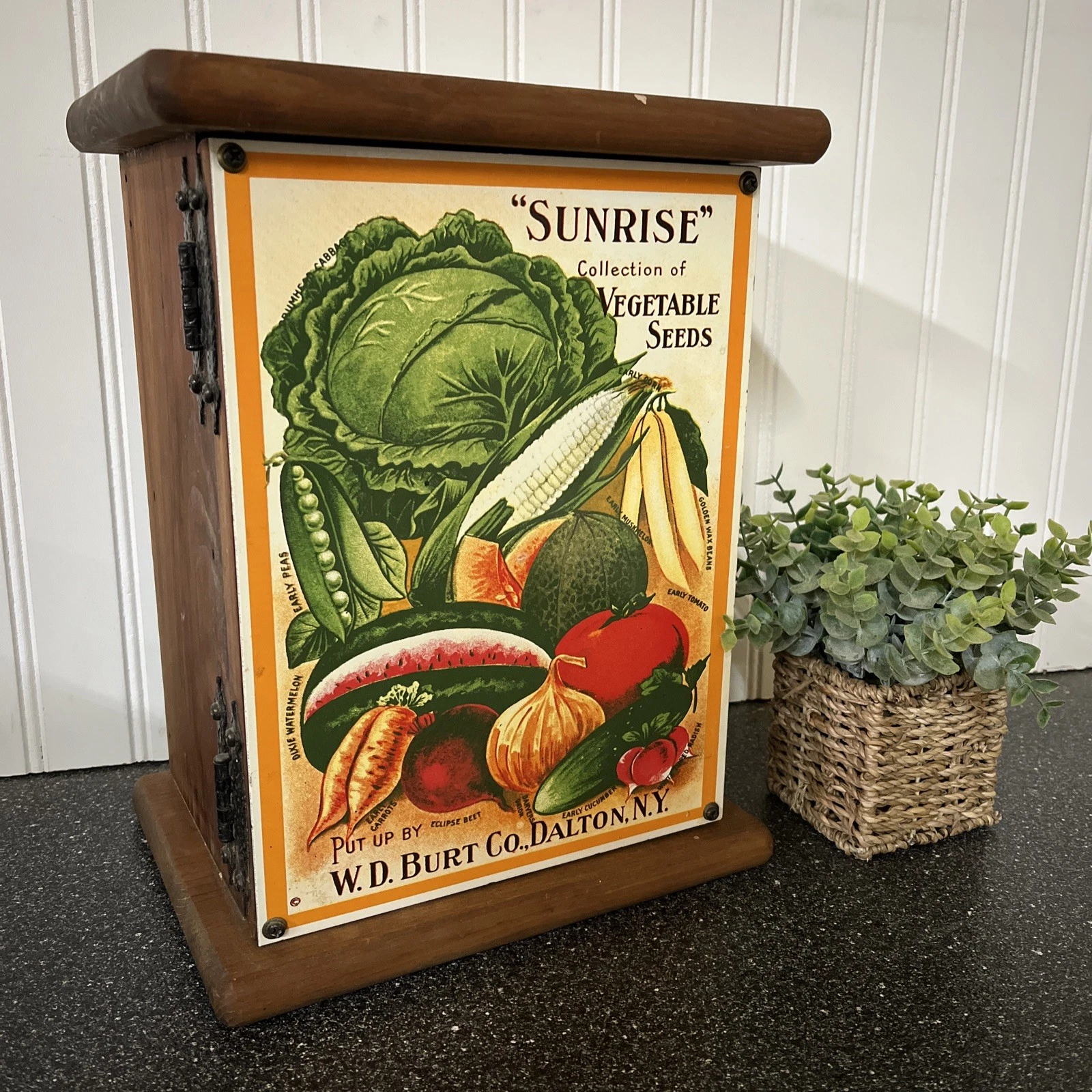 Vintage Apothecary Spice Rack Shelf Mini Cabinet - SUNRISE VEGETABLE Seeds Sign