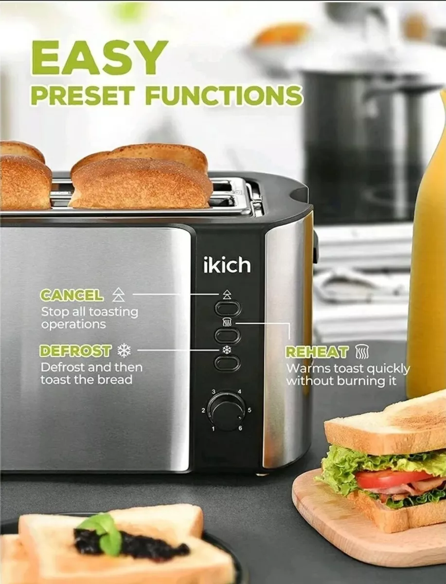 Ikich Toaster 2 Long Slot, Toaster 4 Slice Stainless Steel, Warming Rack