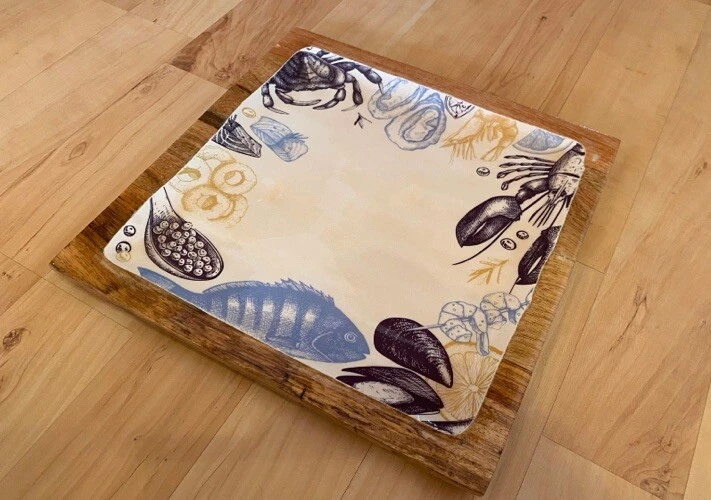 Tablett Schale aus Mangoholz mit Seafood Design