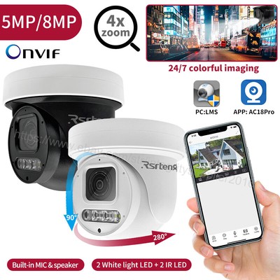 Rsrteng PTZ Camera HD 8MP 5MP Full Color 4x Zoom IP Two-Way Audio POE CCTV