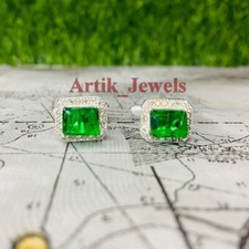 Simulated Emerald Gemstone With 14K White Gold Plated Silver Cufflink 666