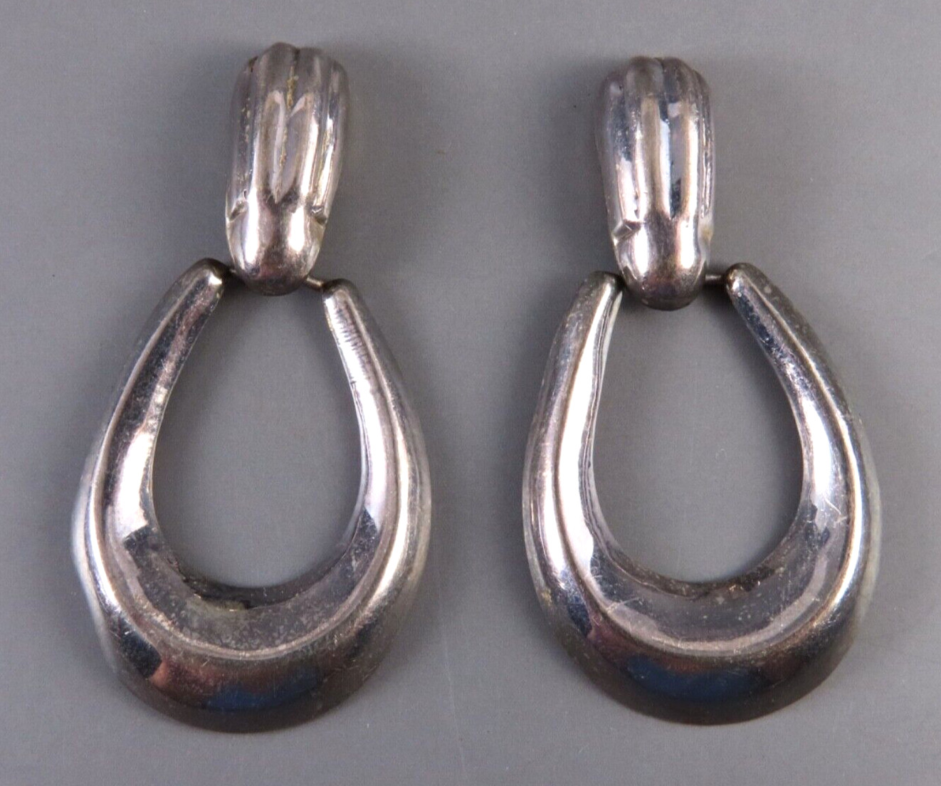 VTG STERLING SILVER Super Chic PUFFY DANGLE EARRINGS Doorknocker DARK PATINA