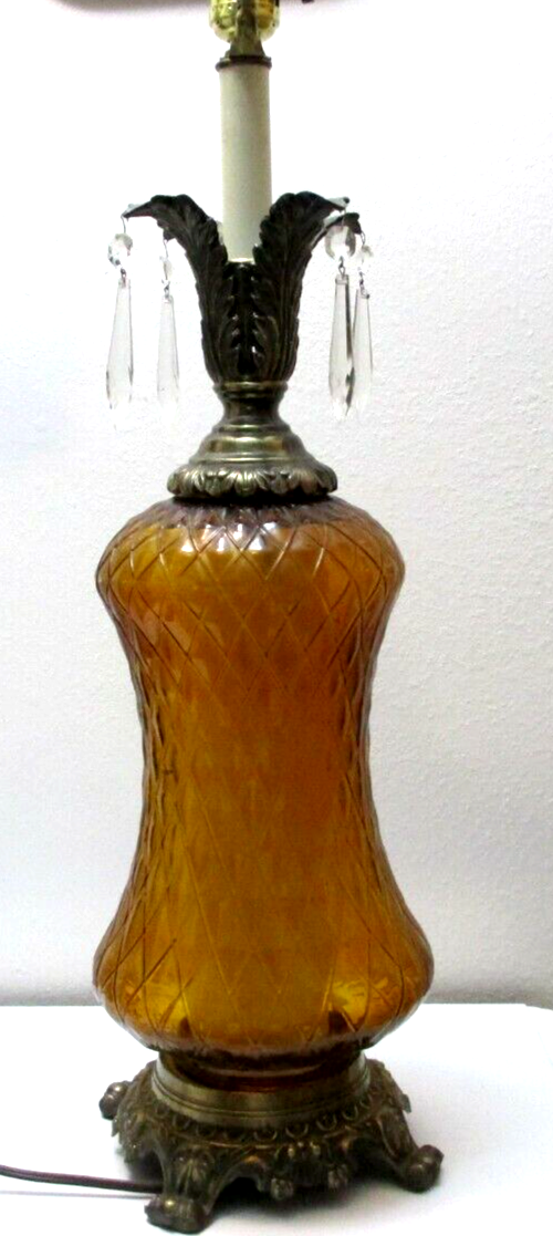 Vintage Hedco Table Lamp Amber Glass Diamond Quilted Crystal