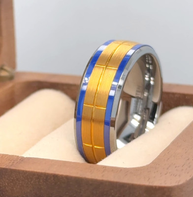 Silver & Yellow Gold Tungsten Band Three Tone Ring Husband-Wife Gifts Band