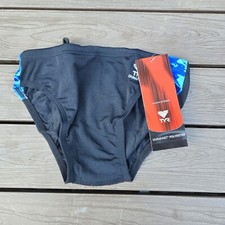 TYR Durafast Admiral Splice Swim Boys Men Black/blue Racer Briefs Size 28 New