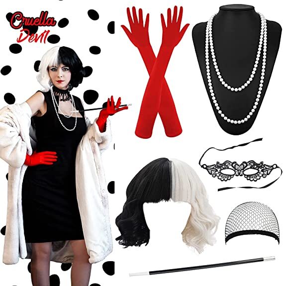 Cruella de Vil Cosplay Carnaval Accesorios Vestido Elegante Negro Blanco Peluca Rizada