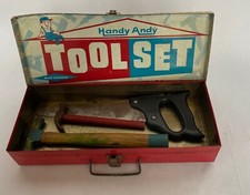Vintage Handy Andy Tool Set Metal Box Blue with Tools Diamond Skit Craft