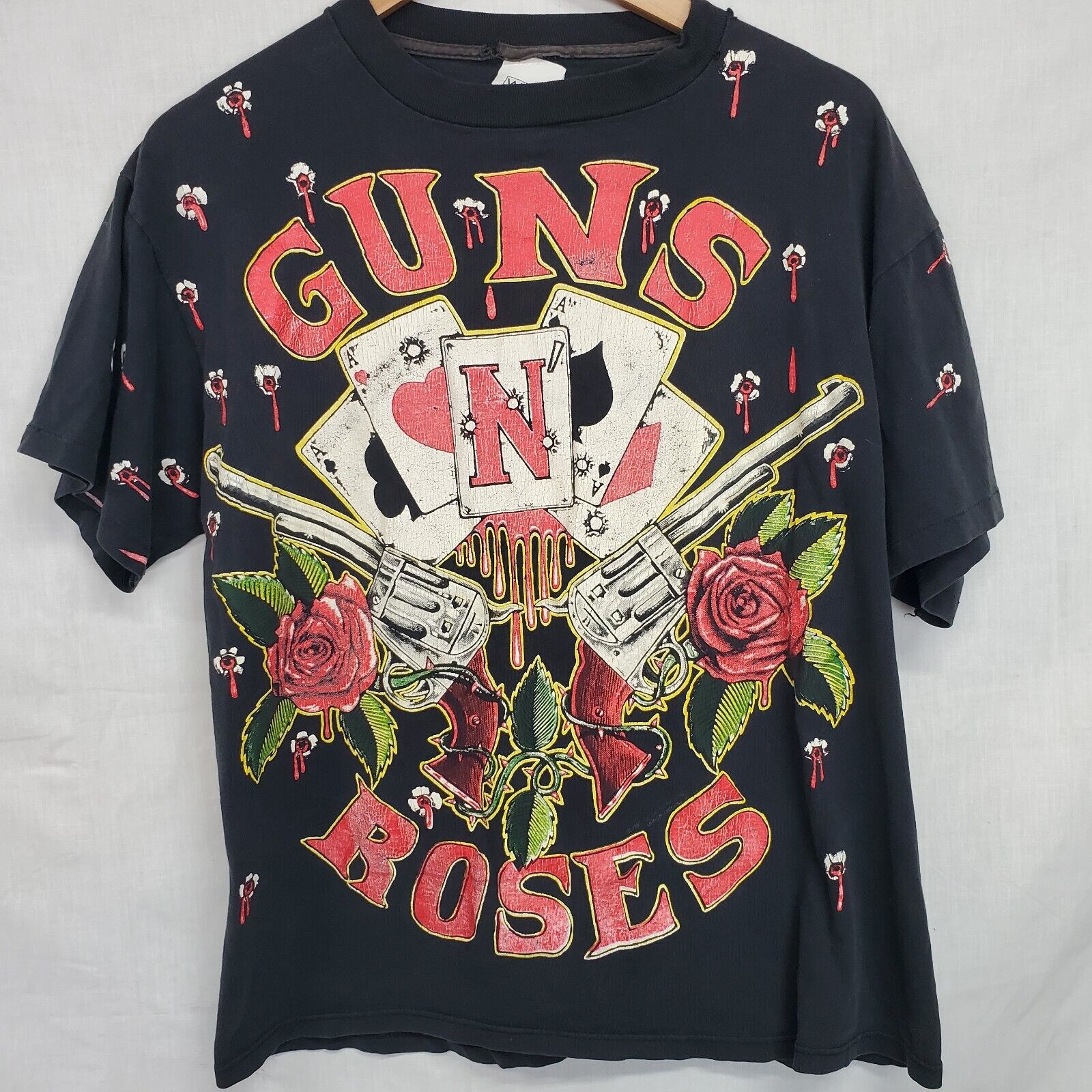 Vtg 1991 Guns N Roses Tee Tour Shirt Rock Band 90s Size L AOP Bullet Holes