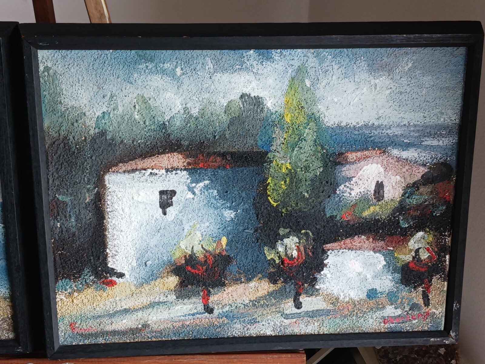 Vintage Signed paintings Italy Greece Mediterranean White Cottages  signed