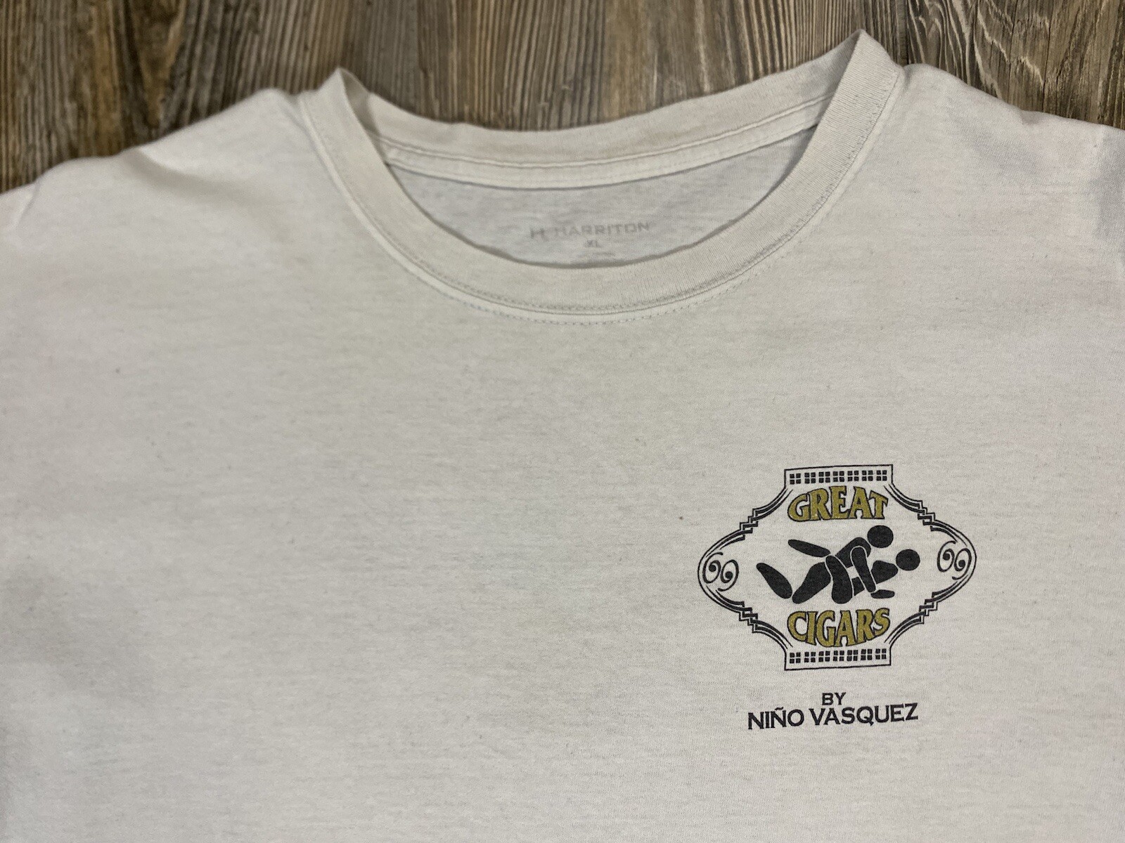 Nino Vasquez Great F***** Cigars T Shirt Harriton XL White Distressed