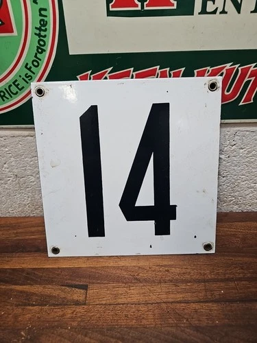 M11- Vintage # 14 Porcelain Sign Address Number Plate Blue White 8” x 8 ”