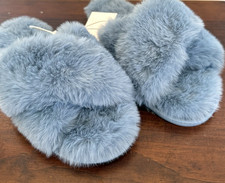 Lauren Conrad Light Blue Faux Fur Comfy Slide Slippers XL 9-10 Criss Cross NWT