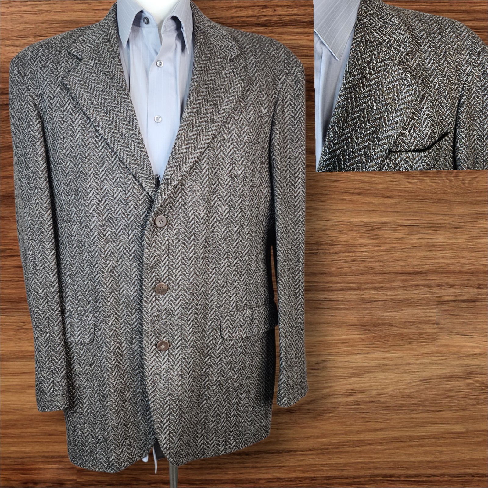 Haggar Vintage Blazer Mens 42R Brown Herringbone 3 button Lambswool Tweed Wool