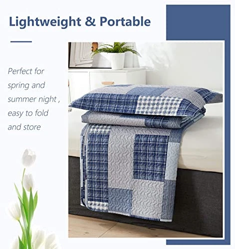 Juego de edredón king tamaño king juegos de cama a cuadros 3 piezas azul marino reversible Foto 4 de 4