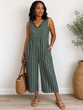 Cuddl Duds Flexwear Sagebrush Stripe Wide Leg V-Neck Jumpsuit Sz TM Pockets Chic