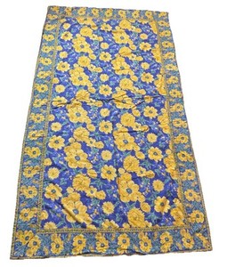 Vintage April Cornell Tablecloth Y2K Blue Yellow Cotton Garden Floral Print 93”