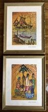 2 Asian Batik Painting Village Scene Signed Khemy Framed Art