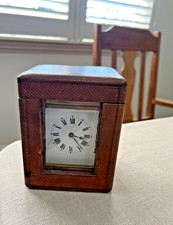 Antique brass carriage clock bevelled glass enamel face leather case not working