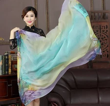 100% Silk large Scarf Women neckerchief Shawl Wrap floral blue green MY145