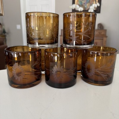 Bobby Flay Amber  Etched Double Old Fashioned Whiskey Rocks Glasses Set Of 7