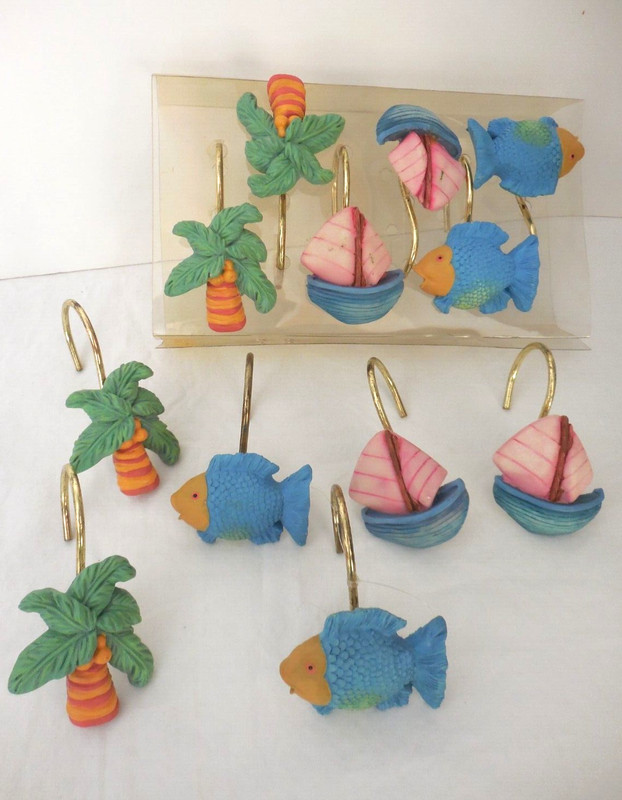 Set of 12 Beach Themed Shower Hooks 2"  Fish Sail Boat and Palm Trees