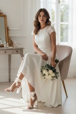 Oleg Cassini Ivory Satin Strappy High Heel Bridal Shoes with Bow and Rhinestones