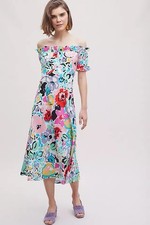 Rixo Bella Silk Midi Dress Bright Floral Off-The-Shoulder Bardot Size XS UK 8