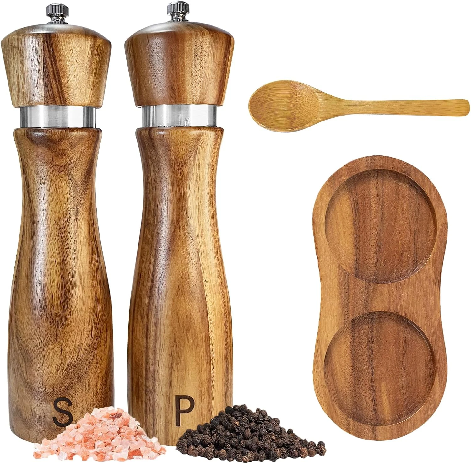 2pc Wooden Salt & Pepper Grinder Set:Pepper Grinder Manual,Adjustable Coarseness
