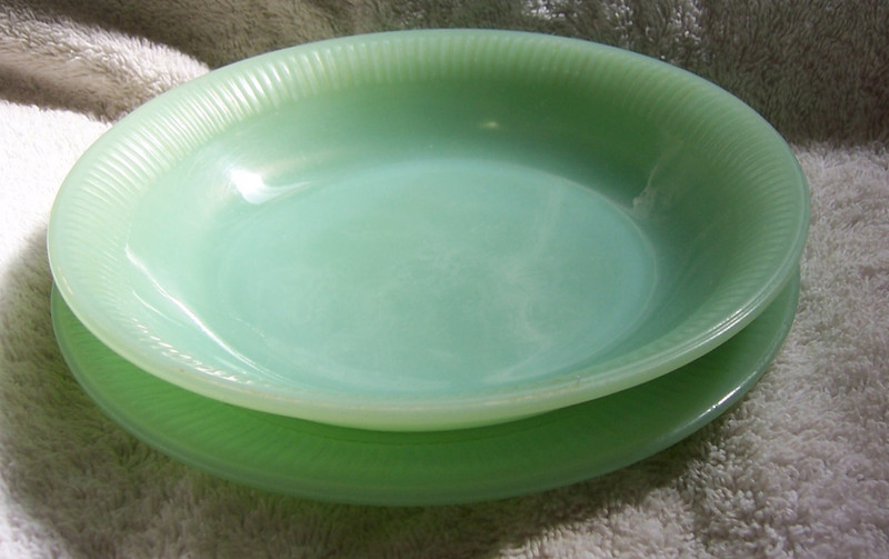 Vintage Jadeite Fire King Jane Ray Plate 7.5” & Soup Bowl 7.5” Set USA Made