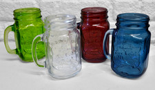 4 x Mason Style Glass Jar Mugs with Handles. Red / Blue / Clear & Green.