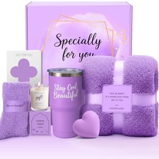 Spa Gift Set Self Care Kit Bath Bomb Candle Tumbler Blanket Light Purple Women