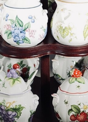 Vintage Lenox Orchard 12 Jelly Jars Set Wooden Stand Fine
