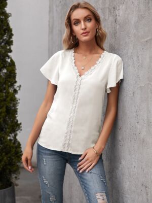 Lace Trim Solid Color Blouse