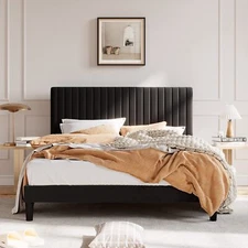 Upholstered Vertical Channel Tufted Velvet Platform Bedwith Adjustable Headboard