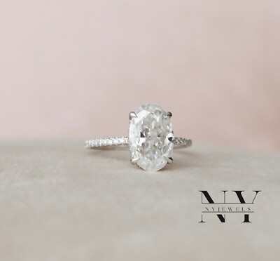 Solid 14K White Gold Moissanite Solitaire Engagement Ring Oval Cut 2.00 Carat