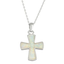 Women's Pendant Sterling Silver White Inlay Opal Rounded Cross Shaped