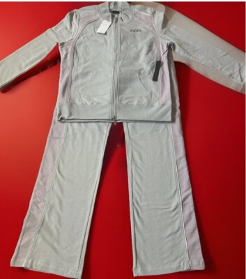 BCBG MAXAZRIA Branded Logo Jacket Pant Set Sports Gym clrgray and purple stripes
