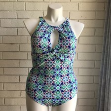 Jantzen Twist Front One Piece Swimsuit Blue Green Geometric Print Size 14