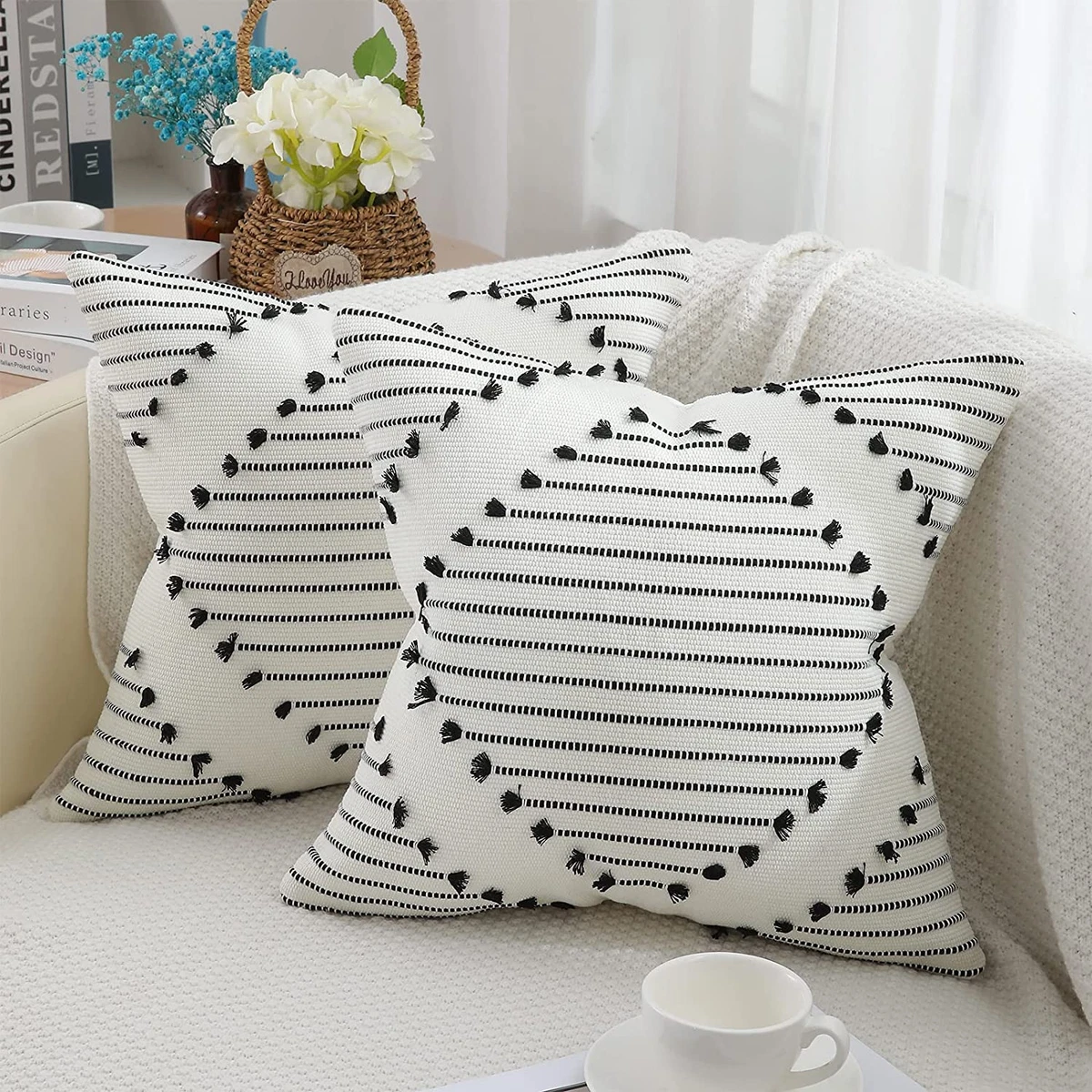 Set of 2 Boho Throw Pillow Covers Black and Cream White Pillow