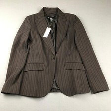 New York  Company Blazer Womens 4 Brown Striped Button Up Shoulder Pads NWT
