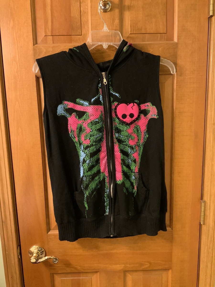 【X-Frm】See-through Skull Gilet Vest Sweet Love Punk Goth Ribcage Heart Skull Zipup Vest Size XXL